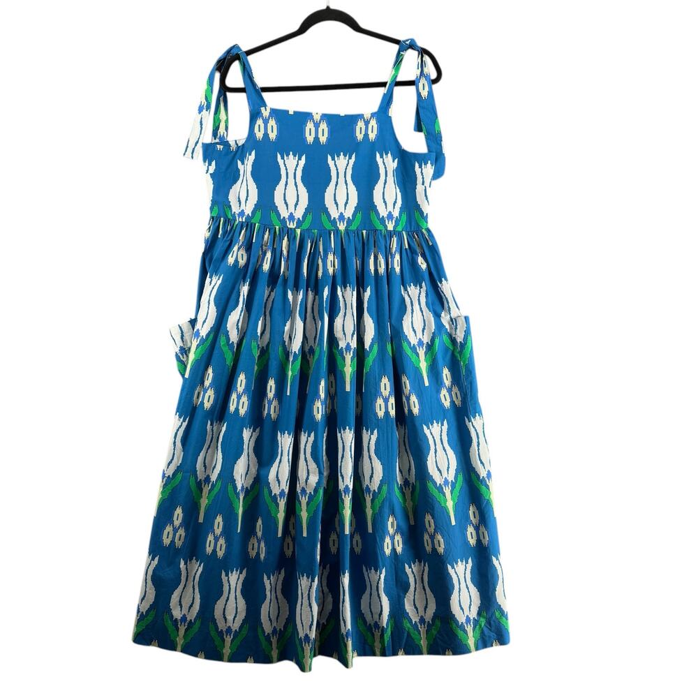 Oliphant Tie Strap Pocket Midi Dress Womens L Sumba Blue‎ Poplin Summer Cotton